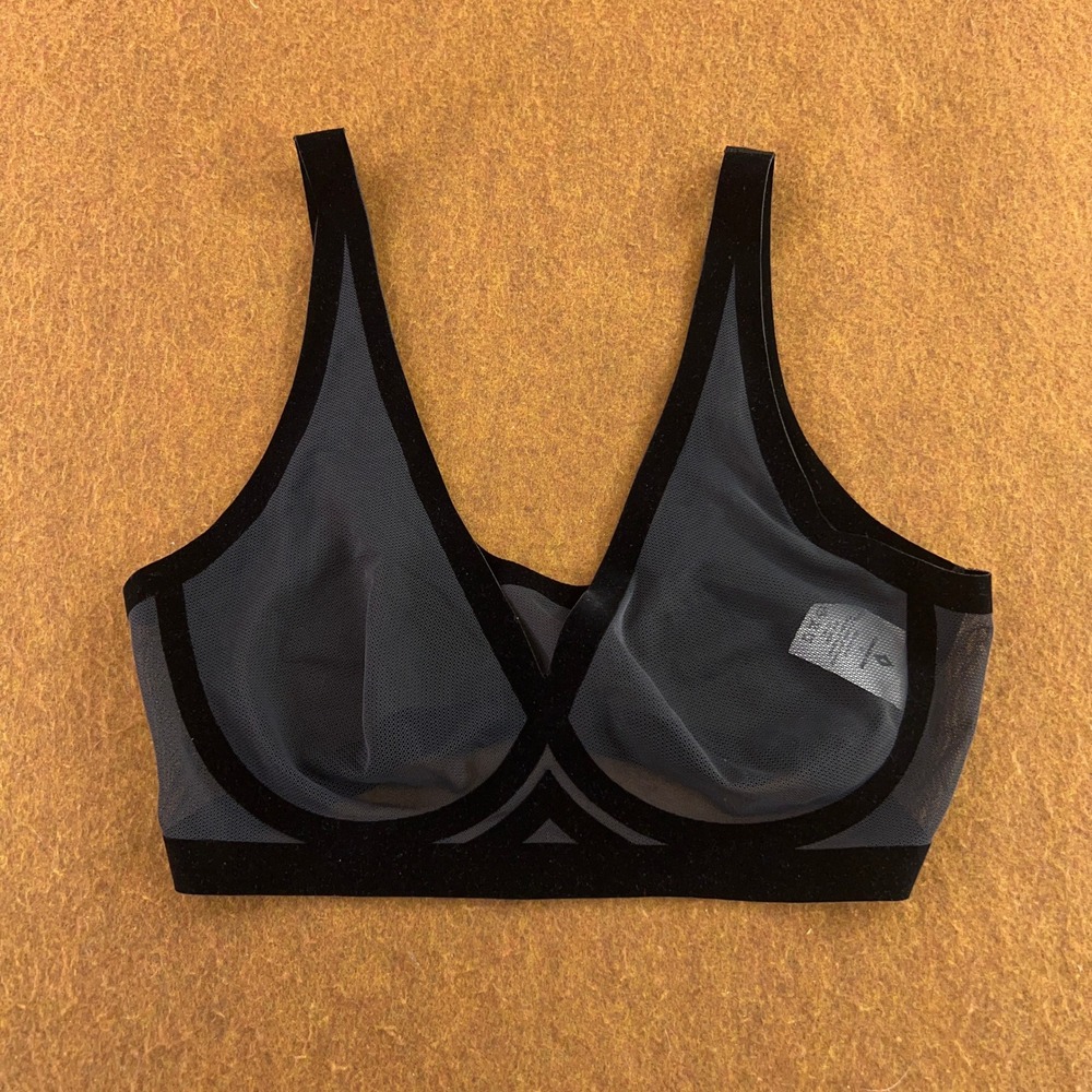 EBY Womens Medium Black Mesh Velvet Trim Flocked Sheer Bralette New